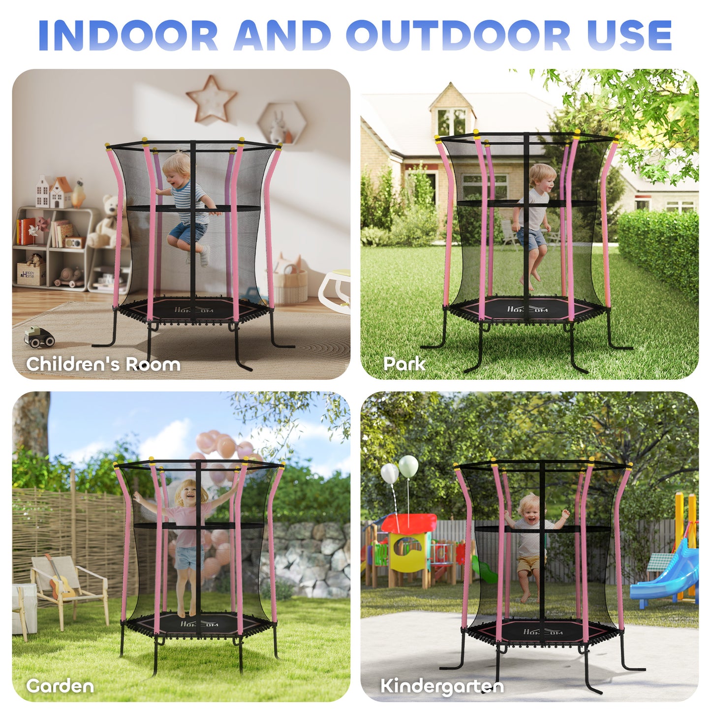 HOMCOM Kids Trampoline Mini Bouncer with Enclosure Safety Net For Ages 3-10 Years - Pink