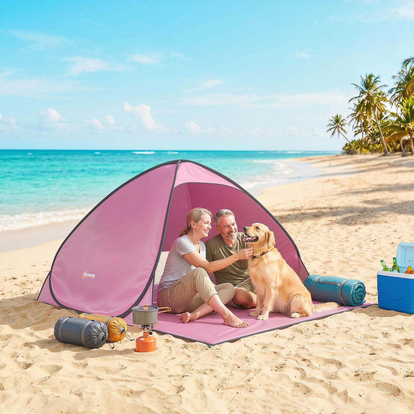 Outsunny Pop up Beach Tent, UV 50+ Sun Shelter with Carry Bag, 2x1.5m for 2-3 Person, Pink