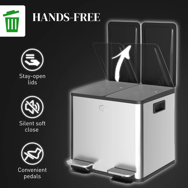 HOMCOM 30L Dual Compartment Stainless Steel Bin, with Deodoriser Holders Silver