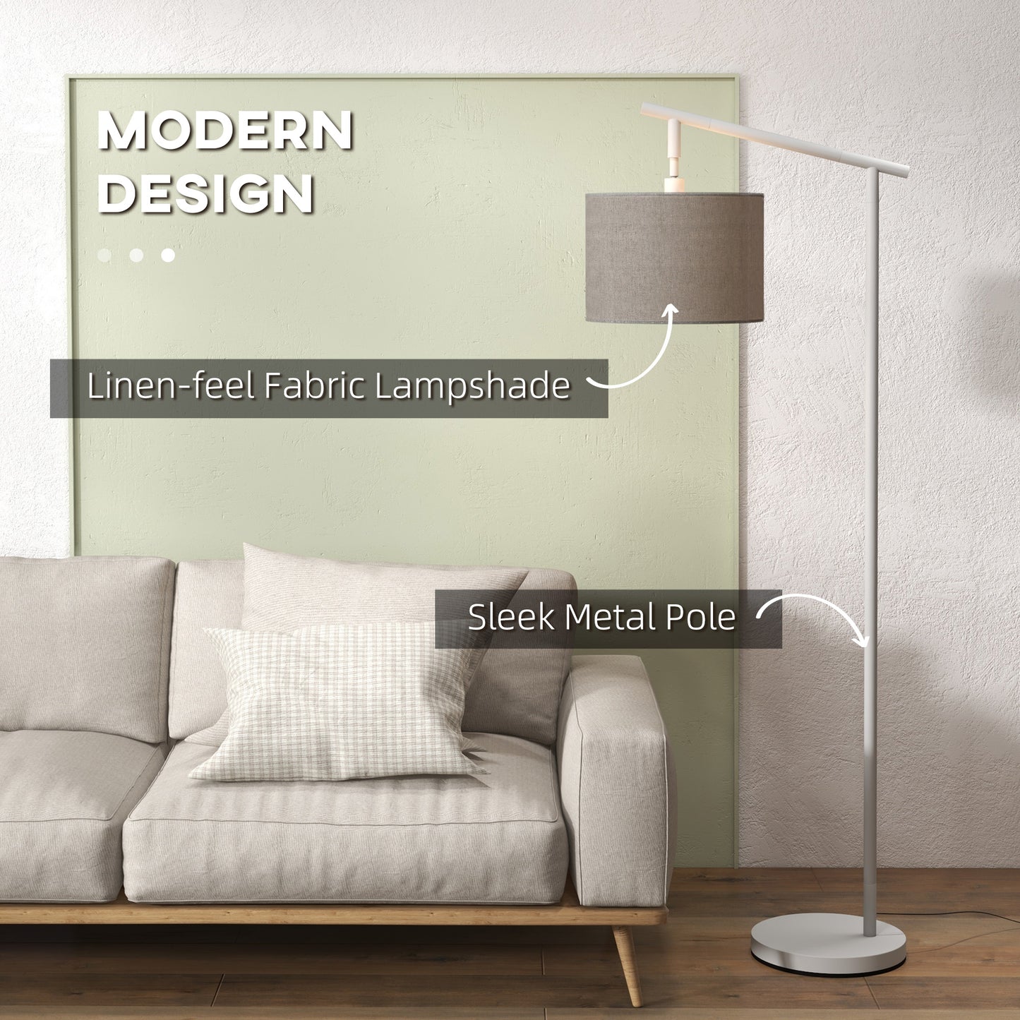 HOMCOM Metal Frame Floor Lamp with 350 Degree Rotating Lampshade, for Living Room and Bedroom, LED Bulb Included, Grey