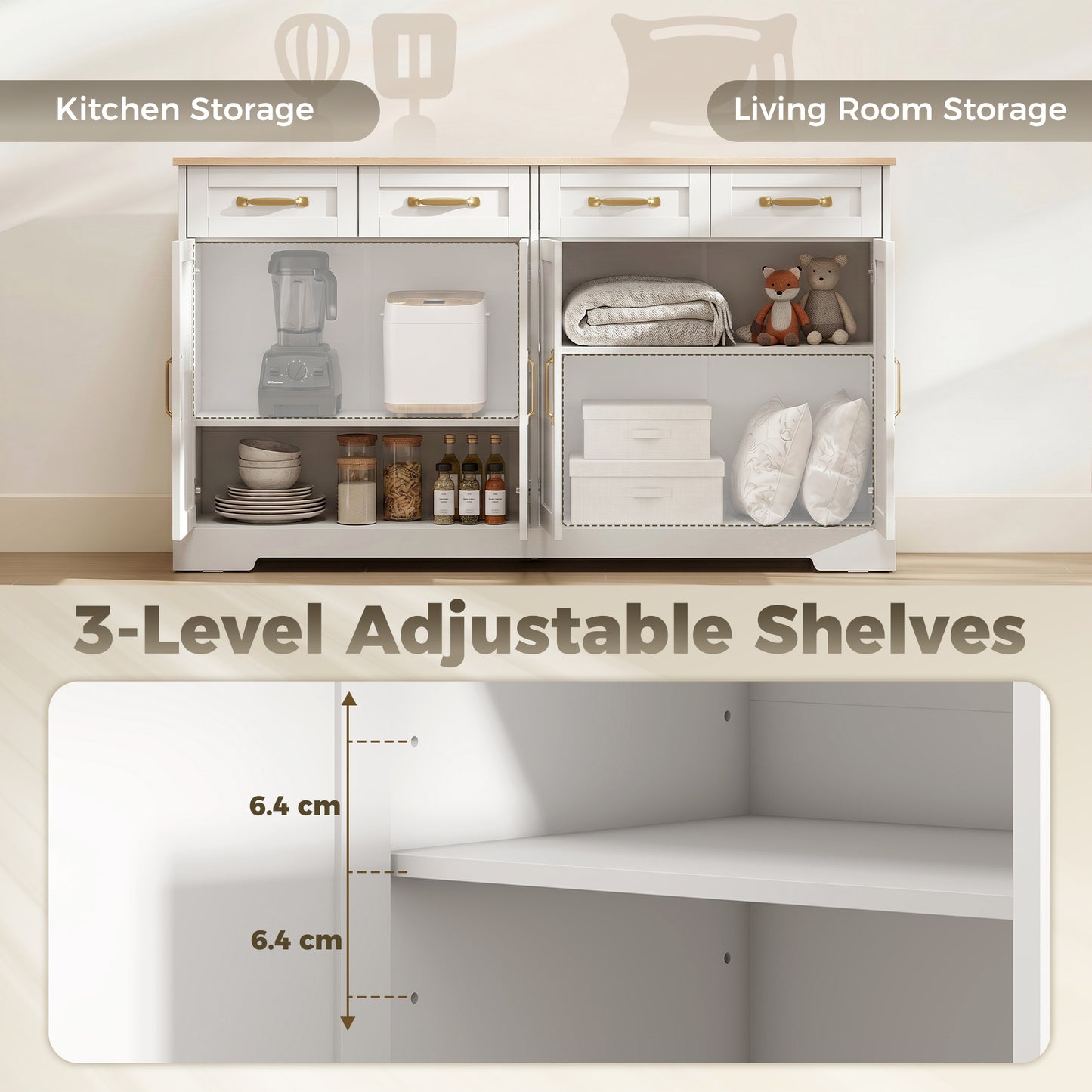 HOMCOM Sideboard Buffet Cabinet, 140 cm Kitchen Storage Cabinet with 4 Drawers, 4 Doors and 2 Adjustable Shelves, White