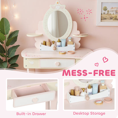AIYAPLAY Kids Dressing Table, Girls Vanity Set with Mirror and Stool, 7 Play Accessories, Drawer, Desktop Storage, Pink