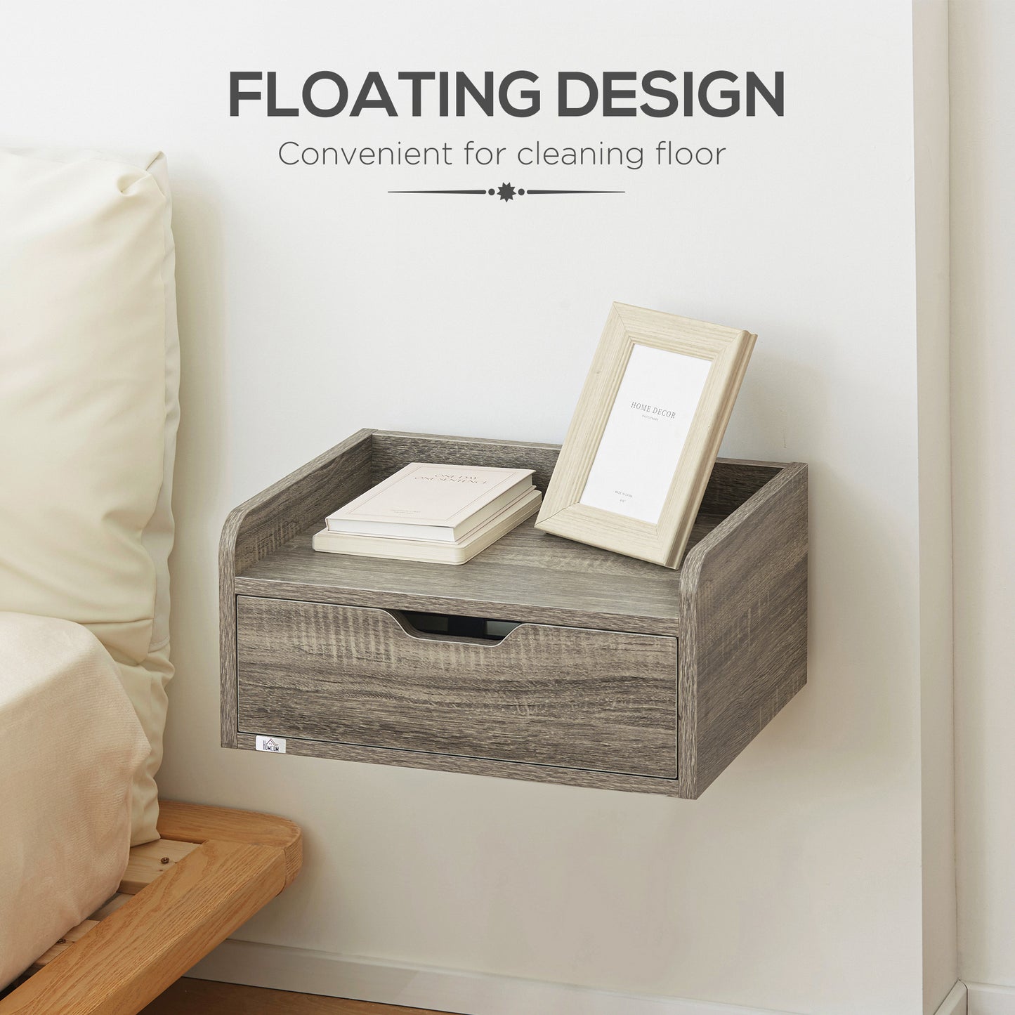 HOMCOM Floating Nightstands Set of 2, Wall Mounted Bedside Table with Drawer for Bedroom, Grey