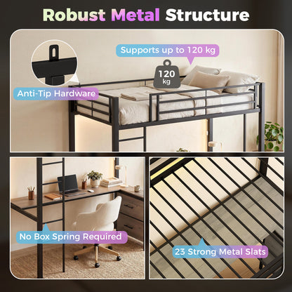 HOMCOM Metal Bunk Bed with Desk, High Sleeper Bed with LED Light and Safety Guardrail for Teens Adults, No Box Spring Needed