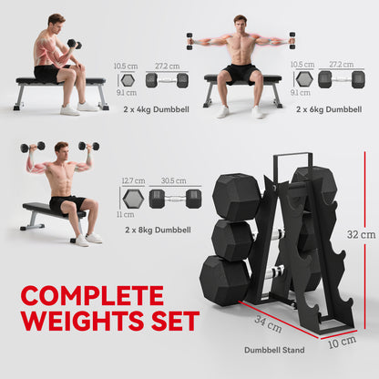 SPORTNOW Hex Dumbbell Set with Weights Storage Rack, Rubber Coated Dumbbells, Non-Slip Chrome Handles, Space-Saving for Home Gym Weight Lifting Strength Training, 2 x 4kg, 2 x 6kg, 2 x 8kg