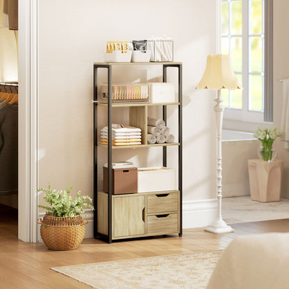 HOMCOM 4-Tier Bookcase, Bookshelf with 1 Cabinet and 2 Drawers for Living Room, Bedroom, Study, Natural Wood