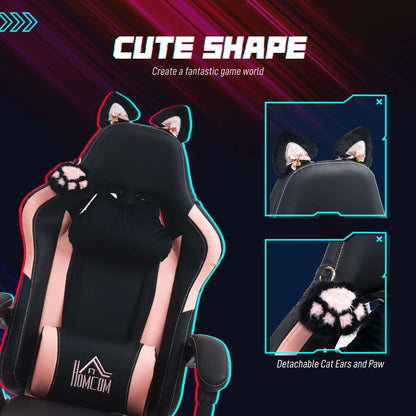 HOMCOM Cat Ear and Paw Reclining Office Chair, with Footrest - Black/Pink