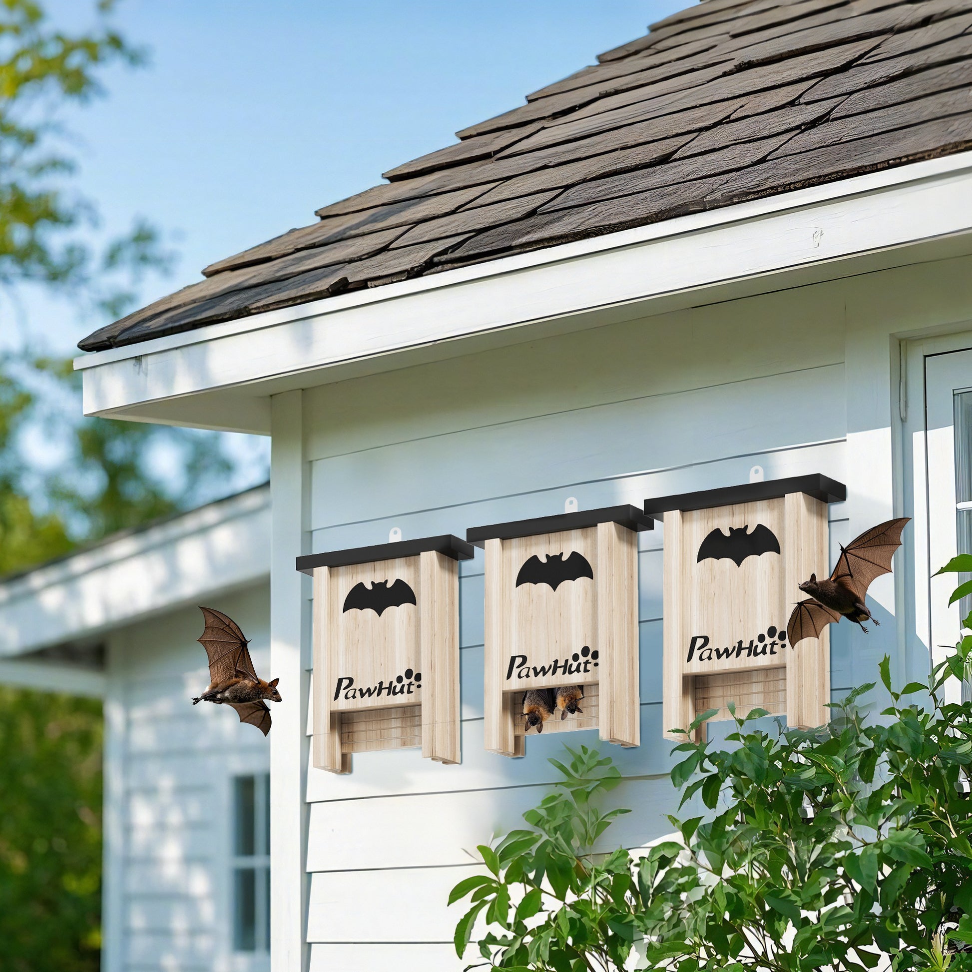 PawHut 3PCs Wooden Bat Boxes, Bat Houses Designed to Attract Bats & Easy to Hang for Outdoor, Garden, Farm, 18 x 6 x 22.5 cm--ChewyGames-ChewyGames
