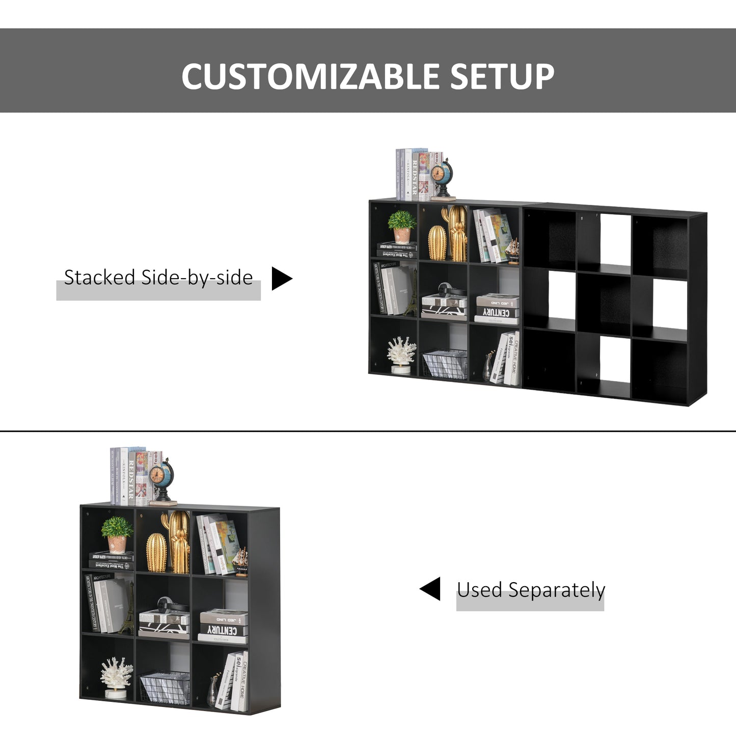 HOMCOM 3-tier 9 Cubes Storage Unit Particle Board Cupboard Bookcase Organiser Home Office Shelves, Black--ChewyGames-ChewyGames