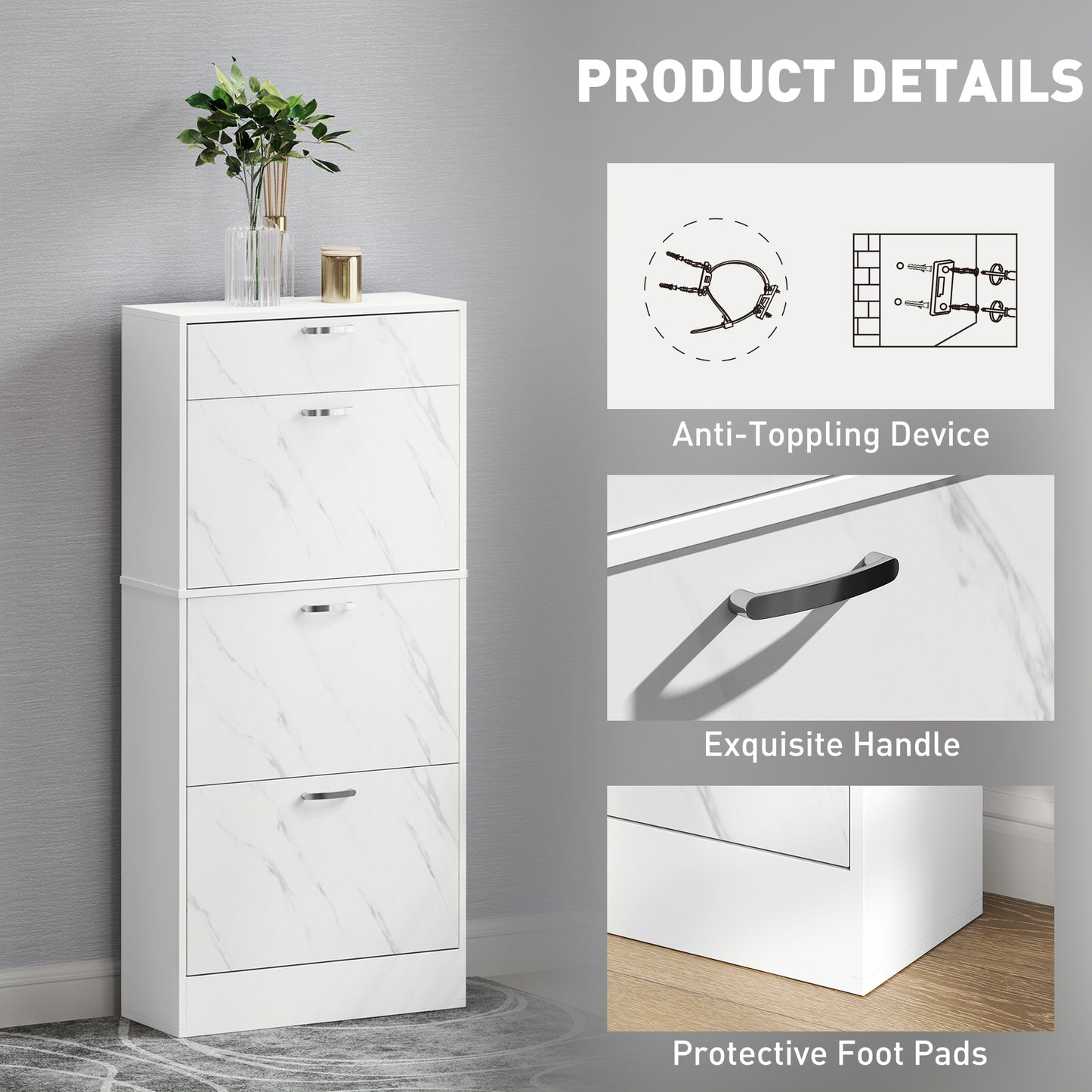 HOMCOM Marble Shoe Storage Cabinet with 3 Flip Drawers, Hallway Cabinet with Top Drawer and Adjustable Shelves, Shoe Cupboard for 18 Pairs, White