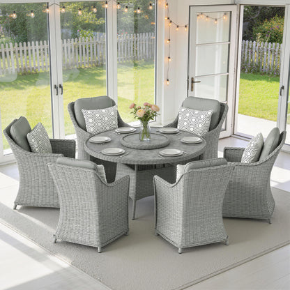 Outsunny Rattan Dining Set with Turntable, Marble Effect Glass Table and 6 Armchairs, Aluminium Frame, Grey