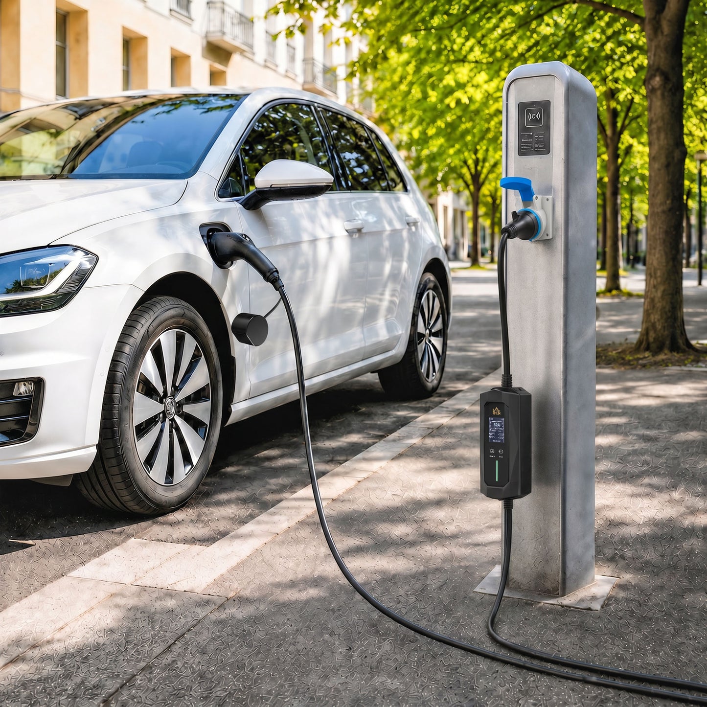 HOMCOM EV Charger 7kW Type 2 to CEE 32A Plug with UK Adapter, 10 m, 6-32A, Electric Car Charger w/ 1-12 h Time Delay