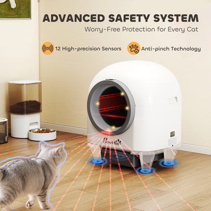 PawHut 80L Extra Large Self Cleaning Cat Litter Tray with APP Control, Safety Protection, Odor Removal, Rubbish Bag for Multiple Kittens