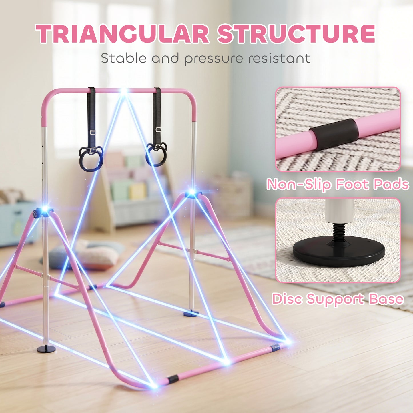 HOMCOM Adjustable Height, Foldable Kids Gymnastics Bar w/ Non-slip Rubber Floor Rings, for 3+ Years, Pink