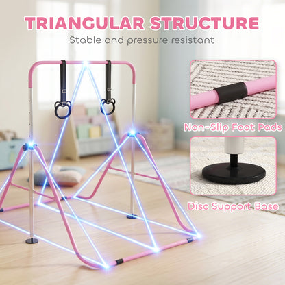 HOMCOM Adjustable Height, Foldable Kids Gymnastics Bar w/ Non-slip Rubber Floor Rings, for 3+ Years, Pink