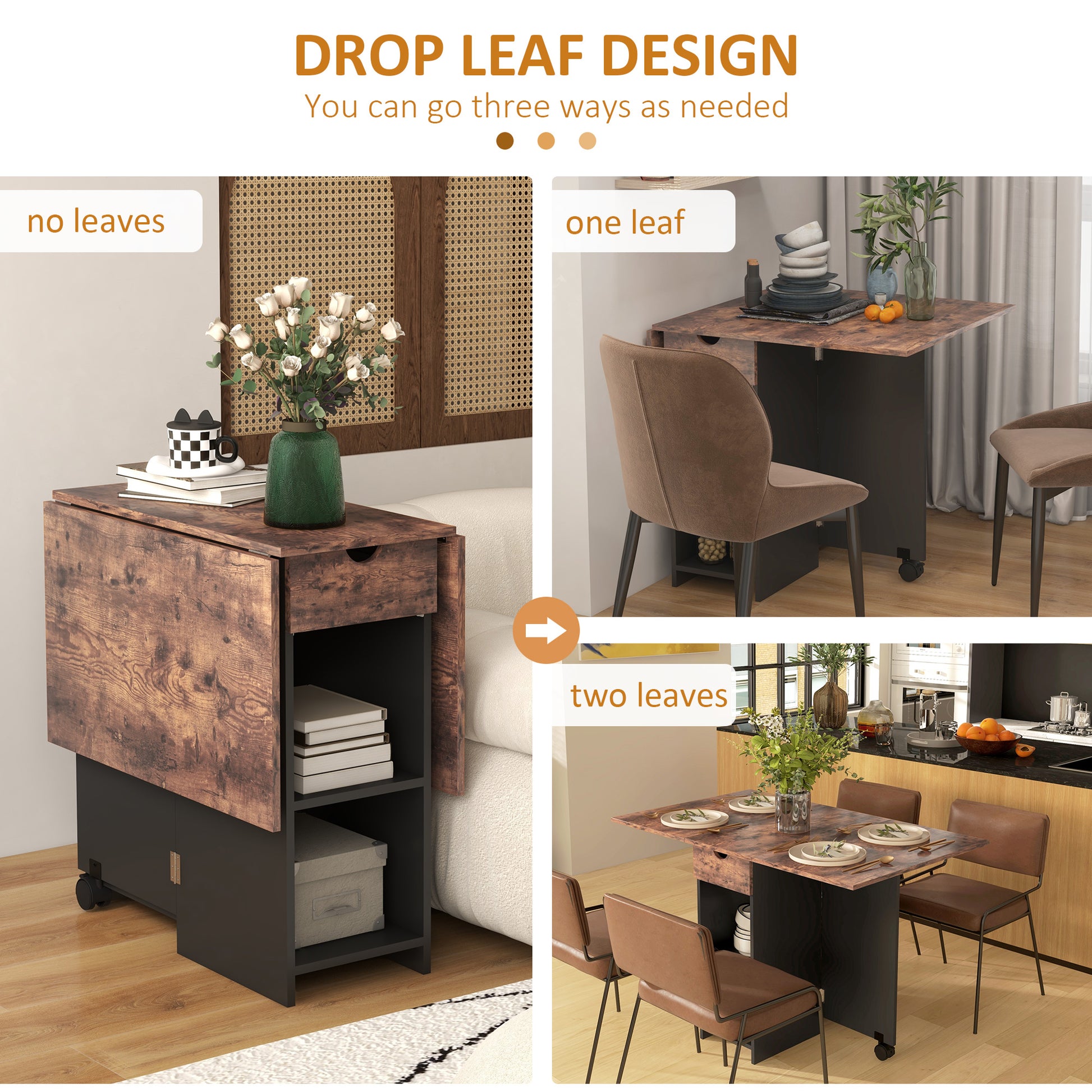 HOMCOM Folding Dining Table, Drop Leaf Table for Small Spaces, Foldable Table with Drawer and Storage Shelves for Kitchen, Dining Room, Rustic Brown--ChewyGames-ChewyGames
