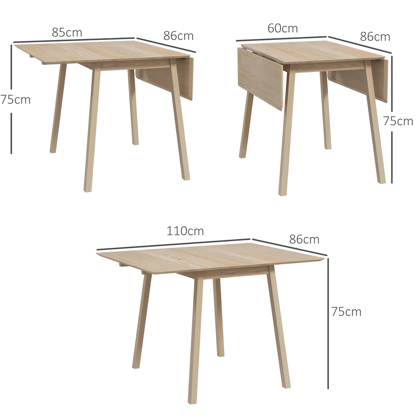 HOMCOM Solid Wood Folding Dining Table, Drop Leaf Table for 2-4 People, Natural Wood Finish