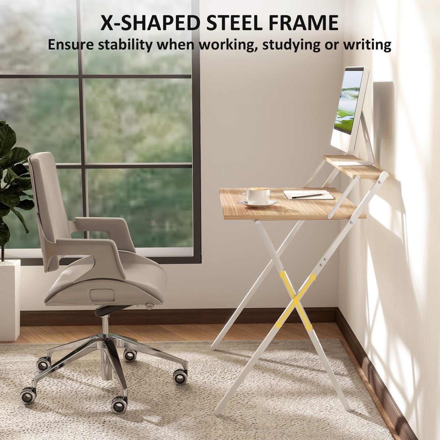 HOMCOM 81.5 cm Folding Computer Desk with Monitor Shelf - Natural Wood Finish