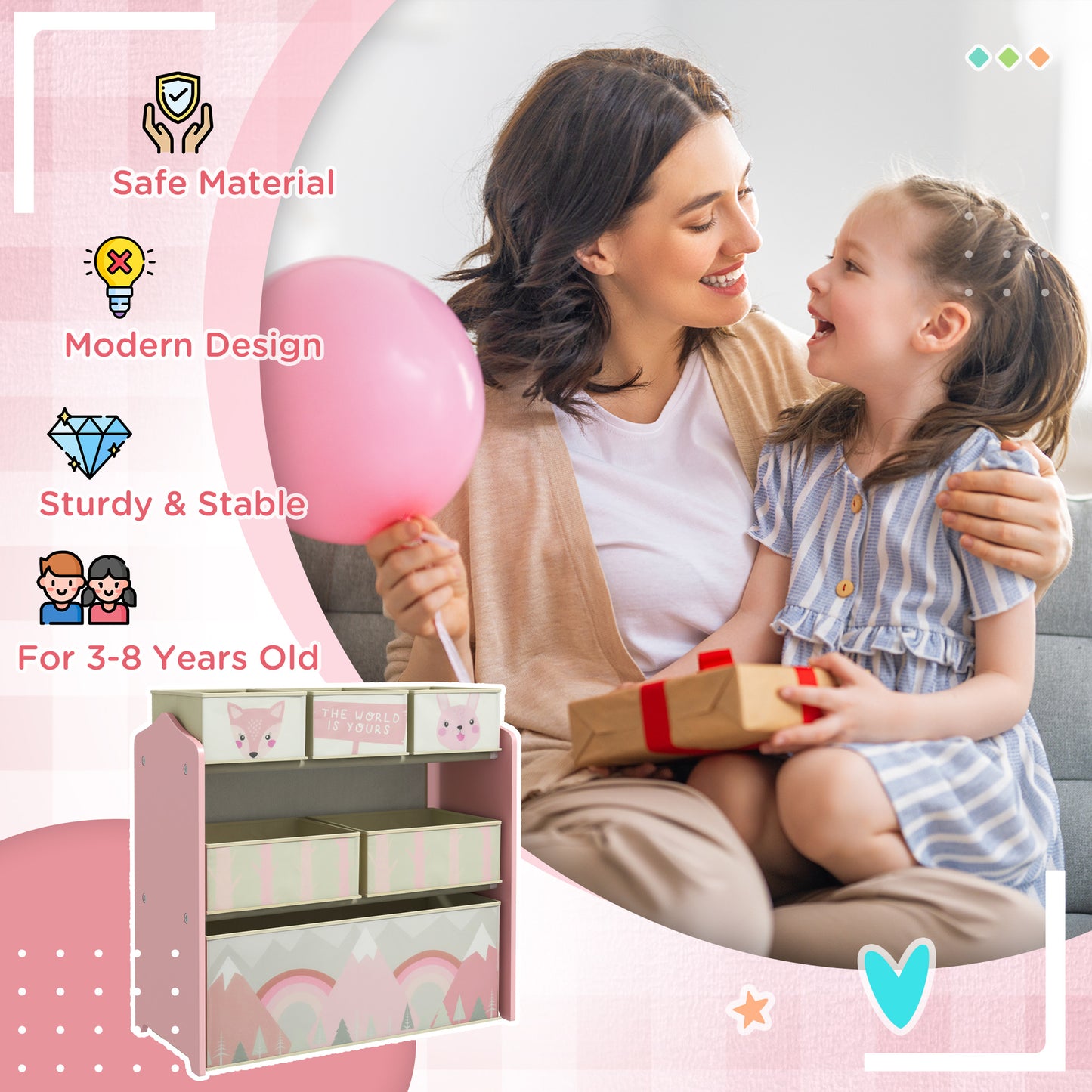 ZONEKIZ Kids Storage Unit, Toy Storage Organiser, with Six Fabric Bins, for Bedrooms, Playrooms, Nurseries - Pink--ChewyGames-ChewyGames