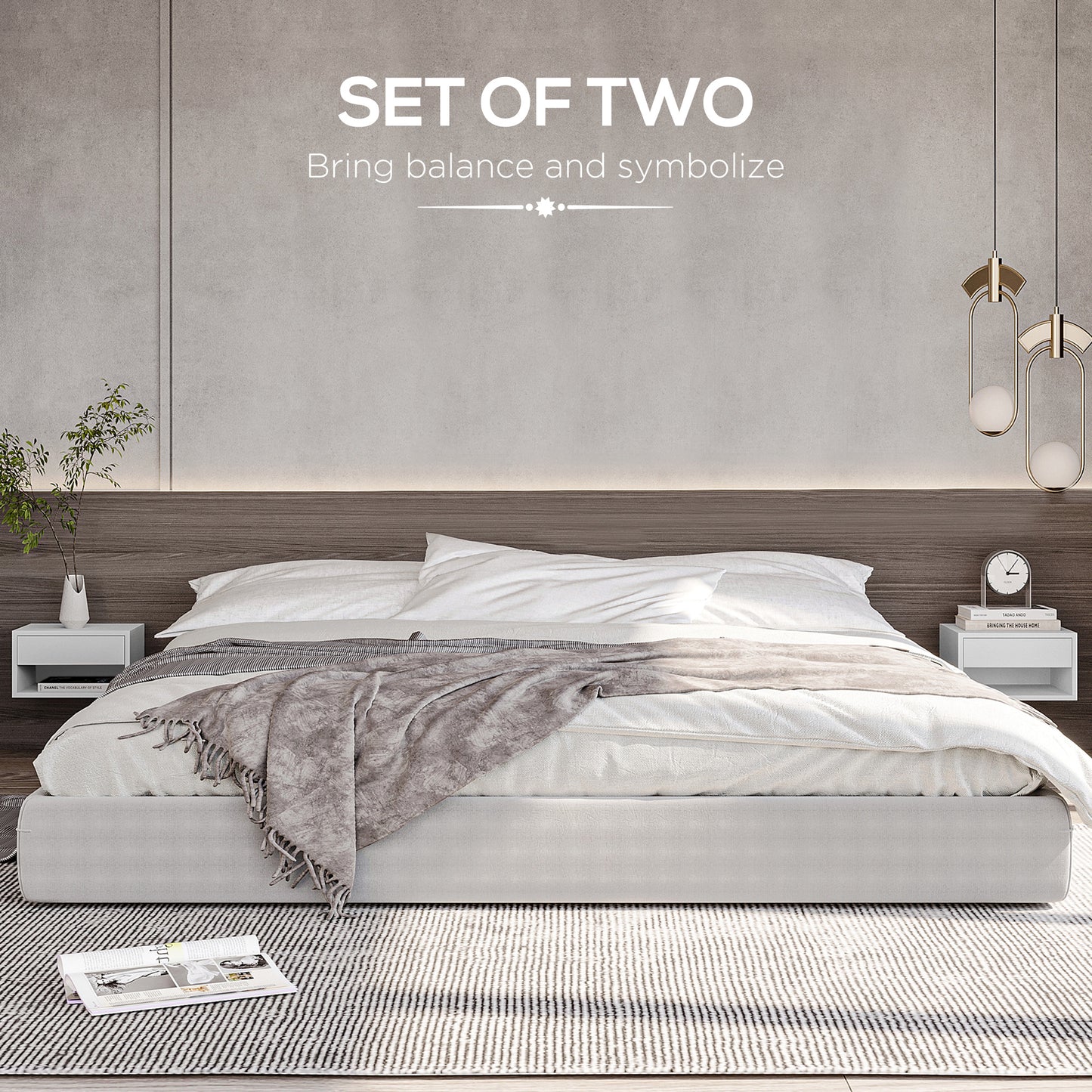 HOMCOM Set of Two Floating Bedside Tables - High Gloss White