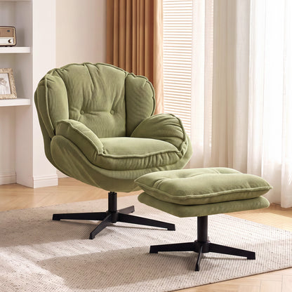 HOMCOM Armchair with Adjustable Footstool, 360° Swivel Chenille Cloud Accent Chair with Thick Cushion, Steel Base, Green