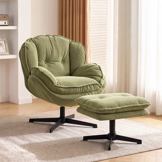 HOMCOM Armchair with Adjustable Footstool, 360° Swivel Chenille Cloud Accent Chair with Thick Cushion, Steel Base, Green