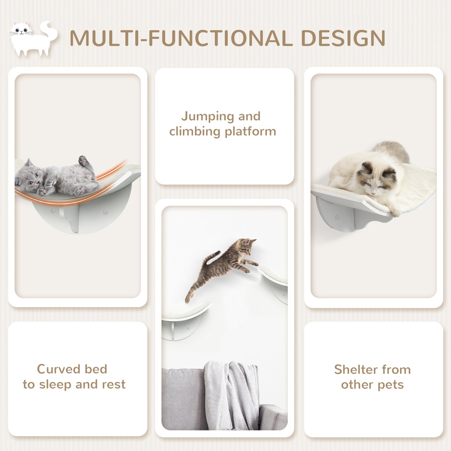 PawHut Wood Cat Shelves, Wall-Mounted Cat Shelter, Curved Kitten Bed Perch Climber Furniture 41 x 28 x 21cm White