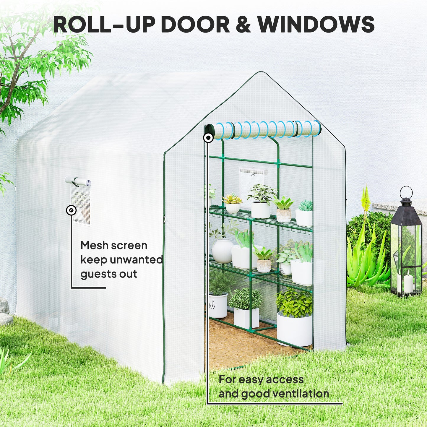 Outsunny Walk-in Greenhouse with 3 Tier 12 Shelves, Small Greenhouse with Reinforced PE Cover, Garden Plant Growhouse with Roll-up Door and Three Mesh Windows, 140 x 213 x 190 cm, White
