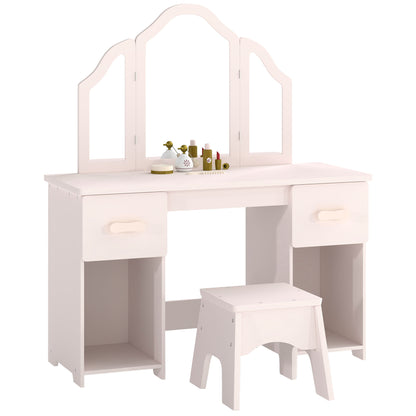 AIYAPLAY Kids Dressing Table, Kids Vanity Table and Chair Set with Tri-Folding Mirror, 2 Drawers, 2 Cabinets for Girls 3+, Pink