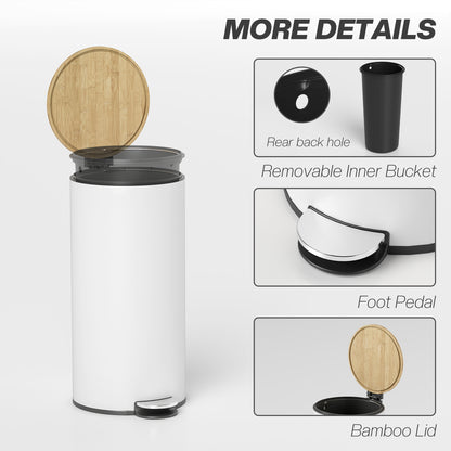 HOMCOM Kitchen Bin, 30 Litre Pedal Rubbish Bin with Removable Bucket, White and Natural--ChewyGames-ChewyGames