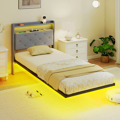 HOMCOM Floating Bed Frame, Upholstered 3ft Single Size Bed, Platform Bed with RGB LED Lights and Charging Station, Grey