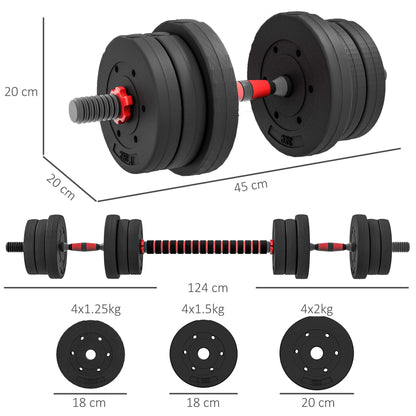 HOMCOM 20kg 2 IN 1 Adjustable Dumbbells Weight Set, Dumbbell Hand Weight Barbell for Body Fitness, Lifting Training for Home, Office, Gym, Black