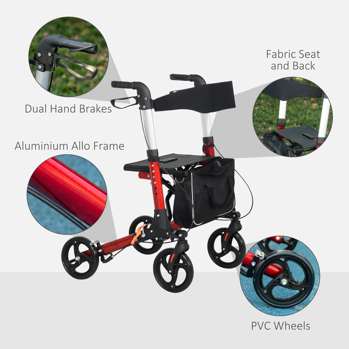 HOMCOM Folding Rollator Walker with 6 Adjustable Handle Height for People with Limited Mobility, Red