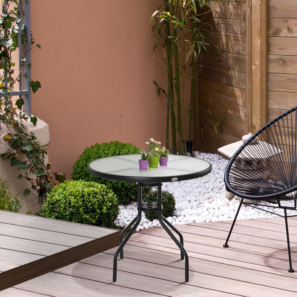 Outsunny 80 cm Round Garden Dining Table with Parasol Hole for 4, Outdoor Coffee Bistro End Side Table with Tempered Glass Top and Steel Frame for Patio, Porch, Black
