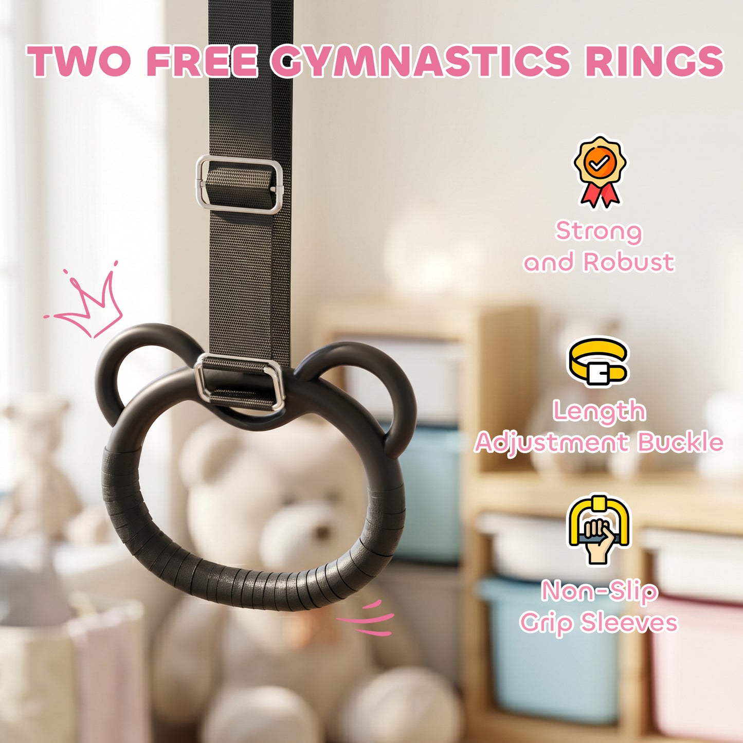 HOMCOM Adjustable Height, Foldable Kids Gymnastics Bar w/ Non-slip Rubber Floor Rings, for 3+ Years, Pink