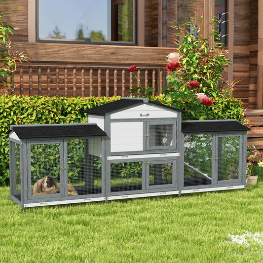 PawHut 2-Tier Large Rabbit Hutch Outdoor with Double Side Run Boxes, No-leak Plastic Tray, Ramp, 230 x 53 x 93.5cm, Light Grey