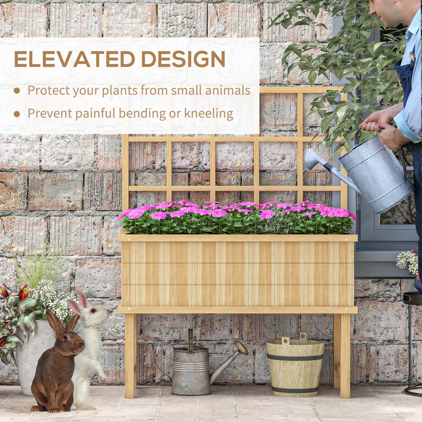 Outsunny 45 x 105cm Wooden Garden Planter, with Trellis - Natural