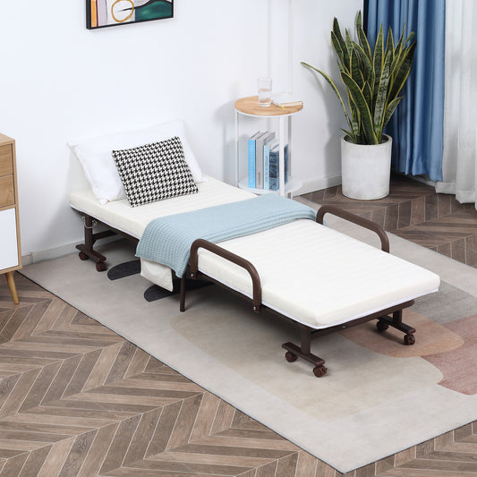 HOMCOM Folding Bed with Mattress, Single Guest Bed, Portable Fold Bed with Adjustable Backrest, White