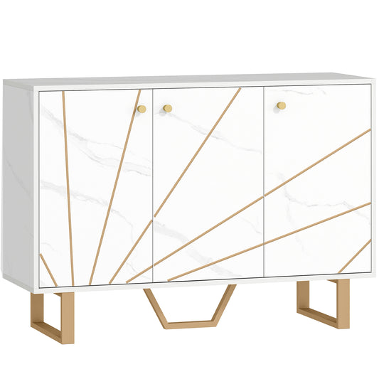 HOMCOM Sideboard Storage Cabinet, Modern Storage Cupboard with Adjustable Shelves and Metal Legs for Living Room, Kitchen, Dining Room, Entryway, White Marble Tone