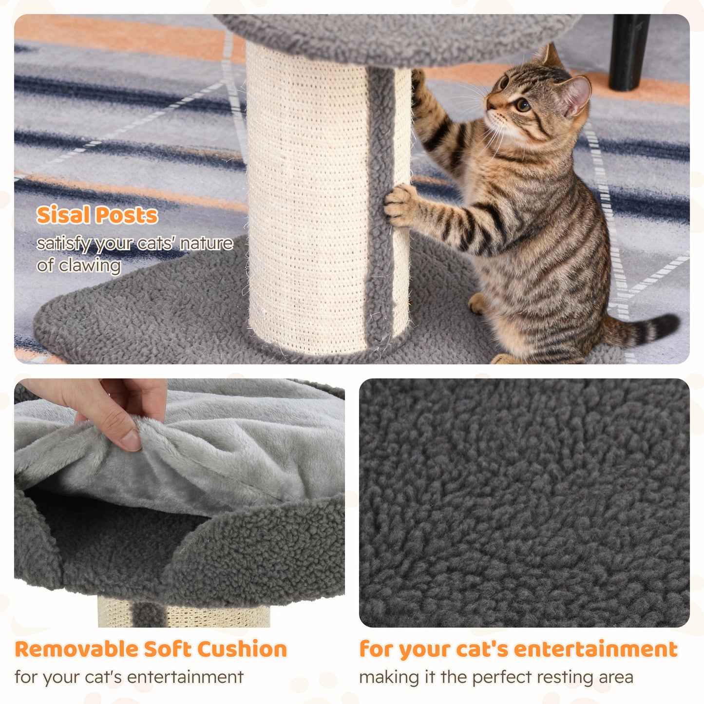 PawHut 91cm Cat Tree, Cat Tower with Scratching Post, Bed, Perch, Removable Cushion for Indoor Kittens, Grey