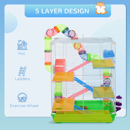 PawHut 5 Tier Hamster Cage Carrier Habitat w/ Exercise Wheels, Tunnel, Green