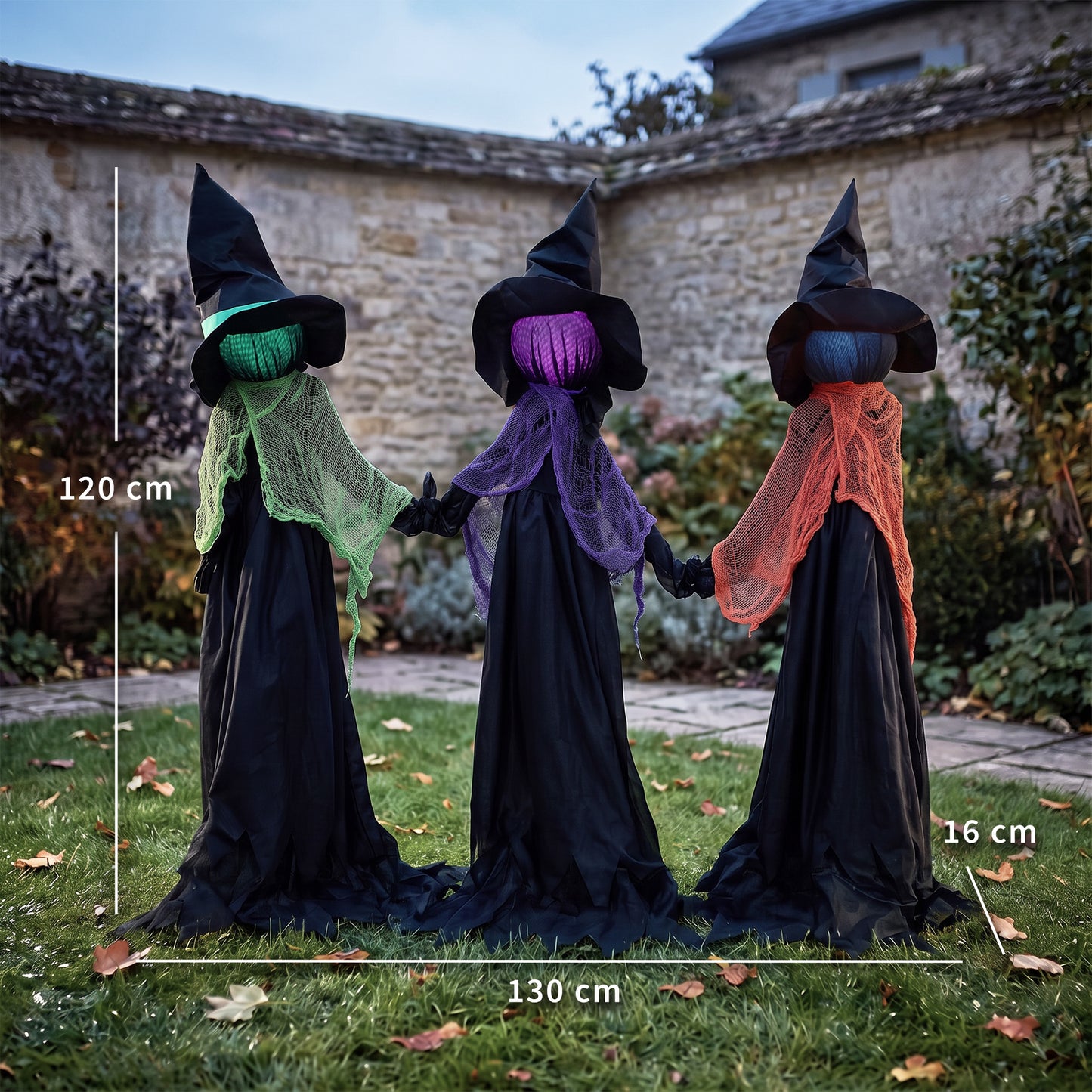 HOMCOM 120cm Witches Holding Hands Halloween Decorations Outdoor Indoor, Scary Halloween Witch Decor with Light-Up Heads