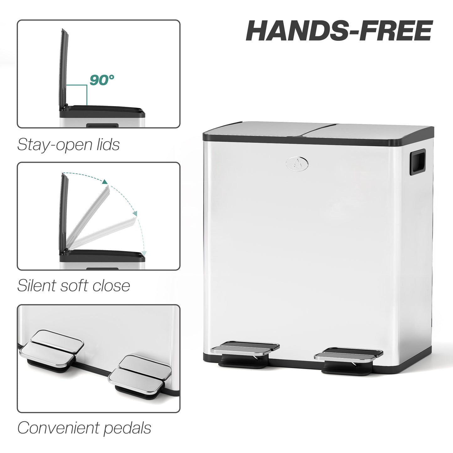 HOMCOM 40L Dual Compartment Stainless Steel Bin, with Deodoriser Holders - Silver Tone