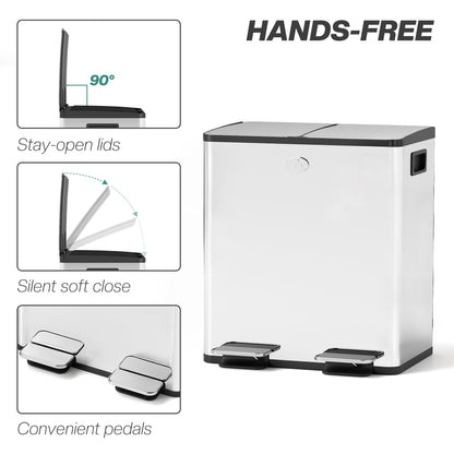 HOMCOM 40L Dual Compartment Stainless Steel Bin, with Deodoriser Holders - Silver Tone