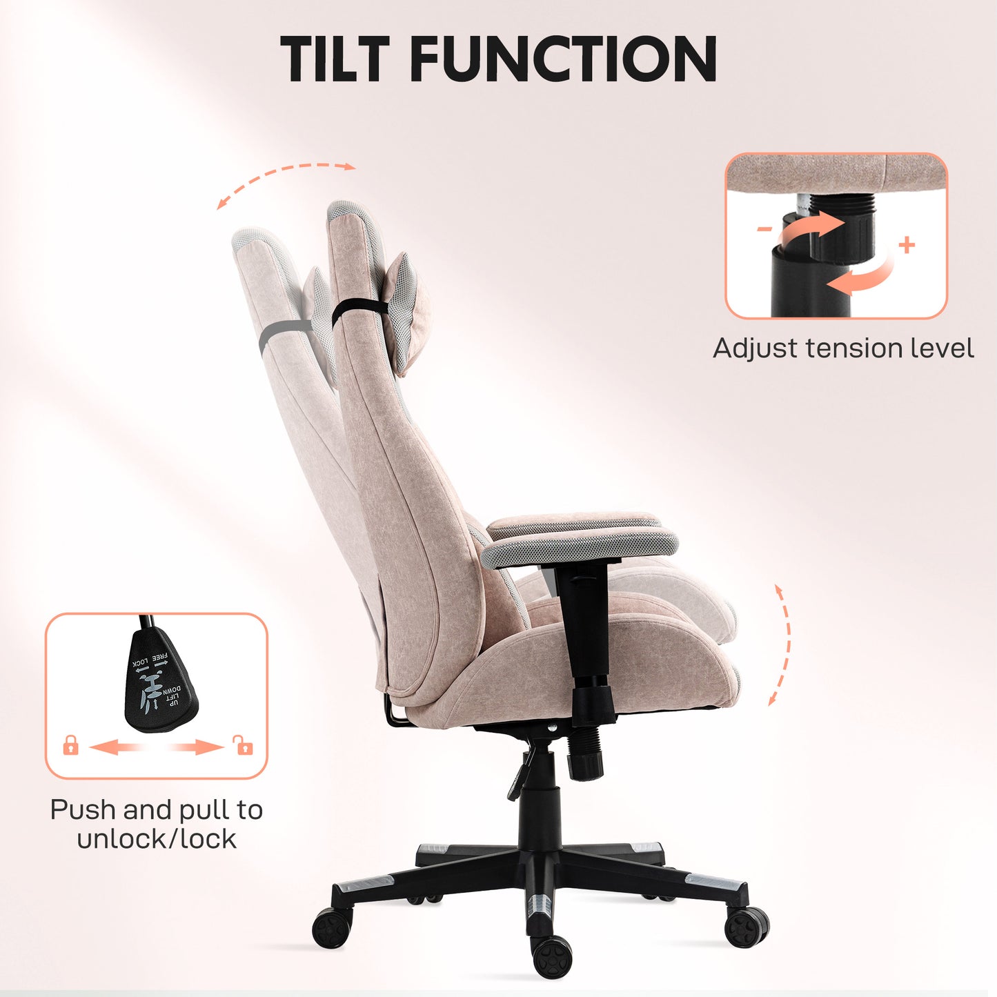HOMCOM Fabric Gaming Chair with Lumbar Support, Headrest - Pale Pink--ChewyGames-ChewyGames