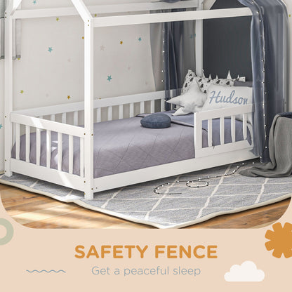 HOMCOM House-Shaped Kids Bed Frame with Guard Rails, Solid Pine Wood Single Bed Frame for Kids Boys and Girls