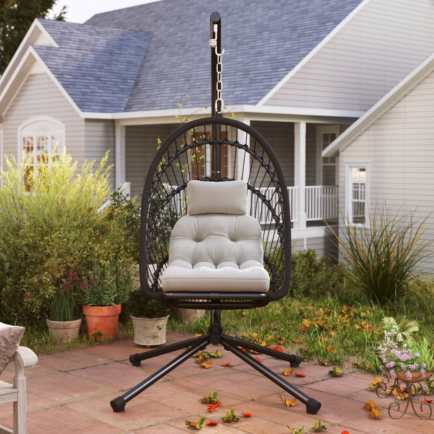Outsunny Outdoor PE Rattan Swing Chair with Foldable Basket and Cushion, Garden Patio Hanging Egg Chair with Metal Stand, Headrest for Indoor and Outdoor, Black
