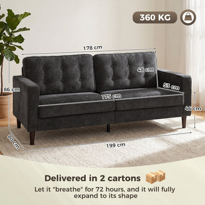 HOMCOM 3 Seater Sofa Button Tufted Upholstered Velvet Couch with Wood Legs for Living Room, Dark Grey