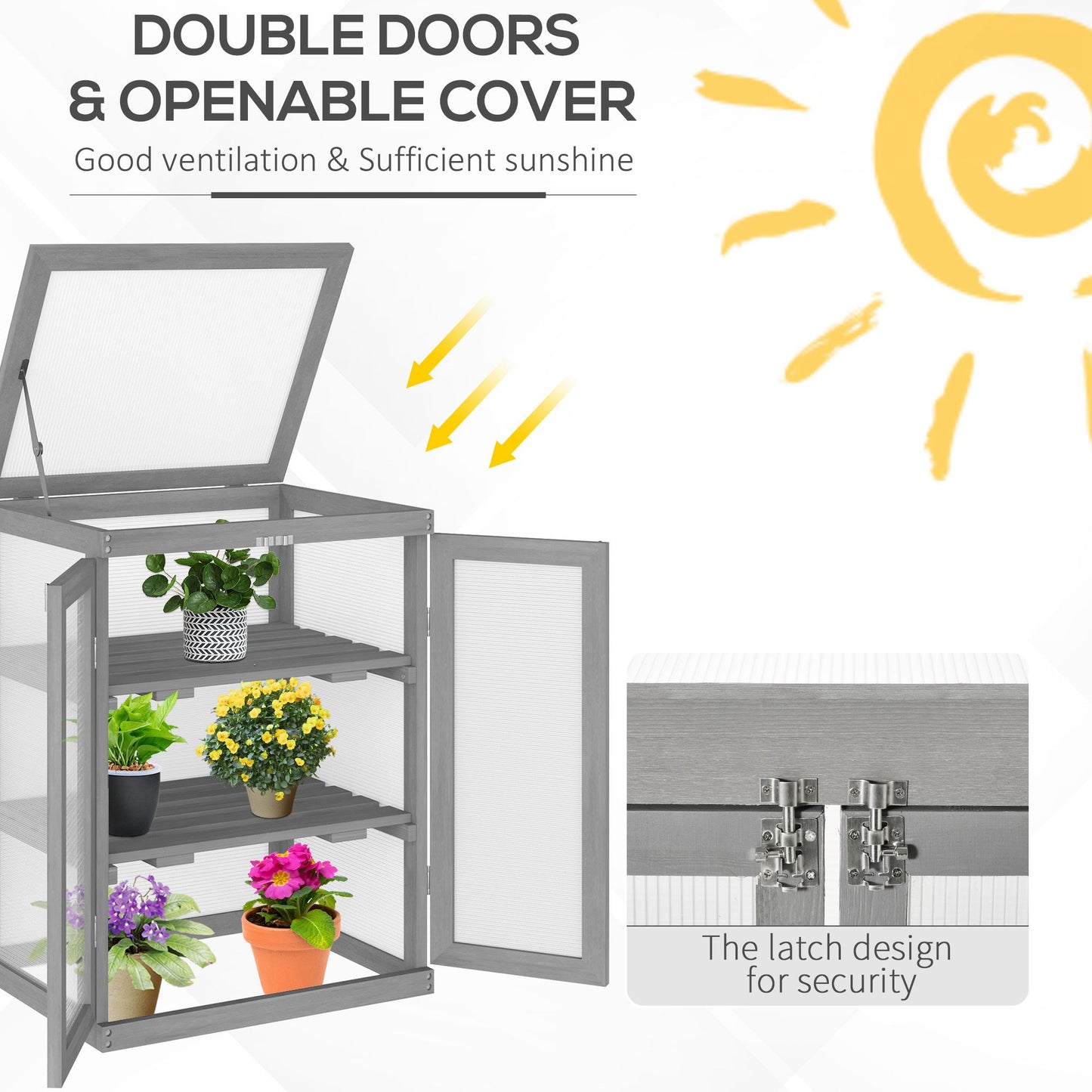 Outsunny 3-tier Wood Greenhouse Garden Polycarbonate Cold Frame Grow House w/ Storage Shelf, Dark Grey