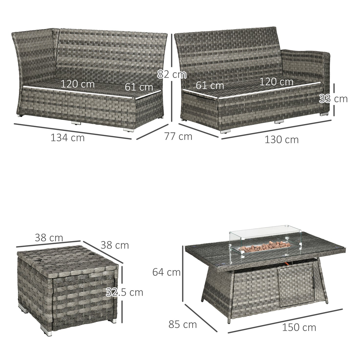Outsunny All-Season Fire Pit Patio Furniture Set Wicker Sofa Set With 50000 Btu Fire Table For Outdoor Gatherings - Grey